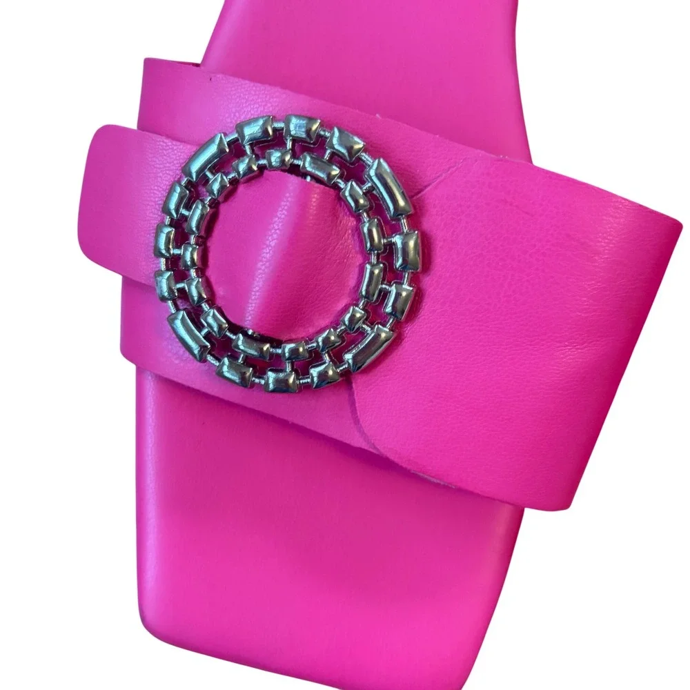 Open Edit Hot Pink Square Toe Slides Sandals Silver Buckle Flats Sz 9 Barbiecore